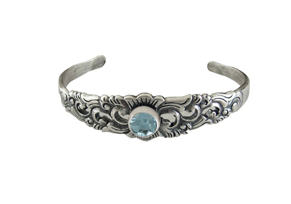 Sterling Silver Engraved Cuff Bracelet With Blue Topaz